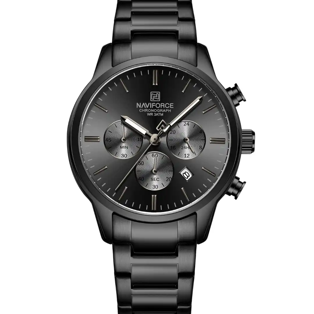 NaviForce NAVIFORCE NF8076 Men's Chronograph Quartz Watch (Black Stainless Steel Edition) — Men's Watch India