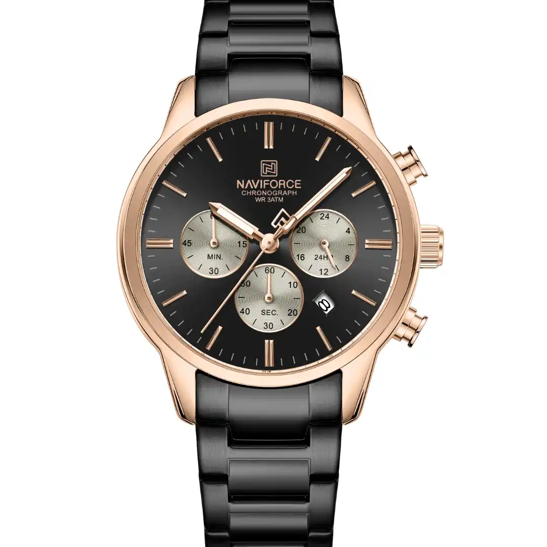 NaviForce NAVIFORCE NF8076 Men's Chronograph Quartz Watch (Rose Gold & Black Edition) — Men's Watch India