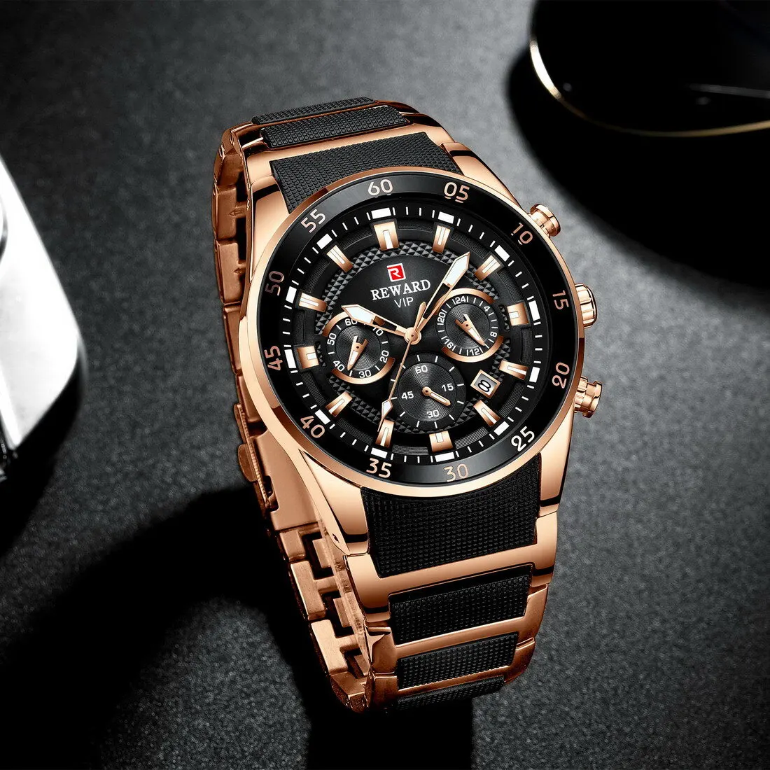 Reward RD81011M Men's Chronograph Quartz Watch (Rose Gold & Black Edition) — Men's Watch India